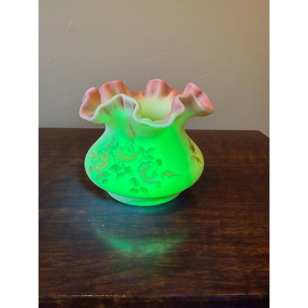 Vintage Fenton Rose Burmese Glass Ruffled Crimped Vase, Handpainted Signed